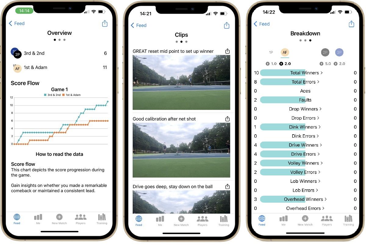 Different views of the Unforced Pickleball app
