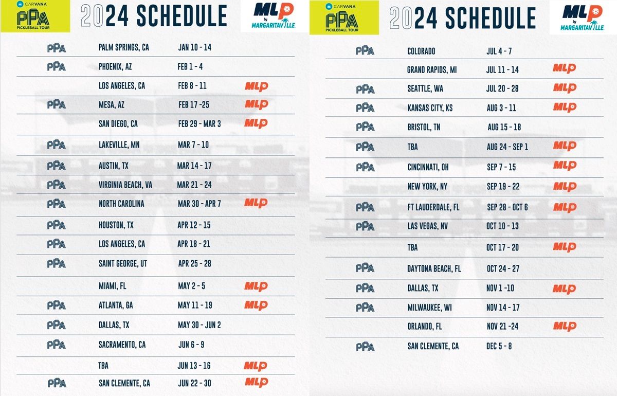 A combined schedule of PPA Tour/MLP events for 2024.