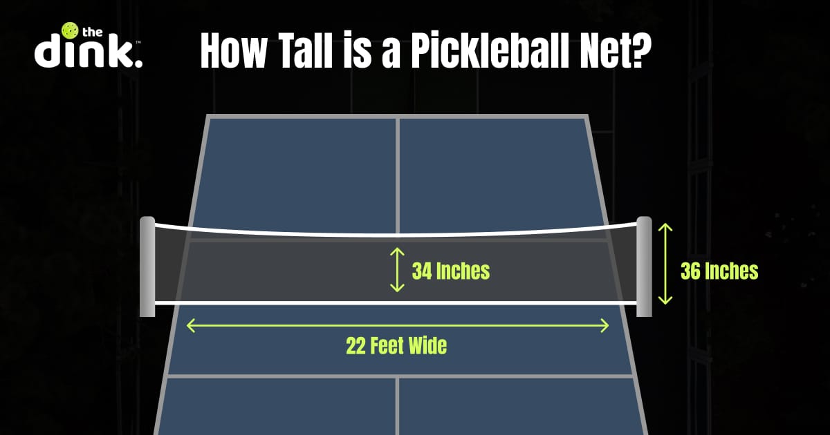 A diagram of a pickleball net with dimensions of the height and width